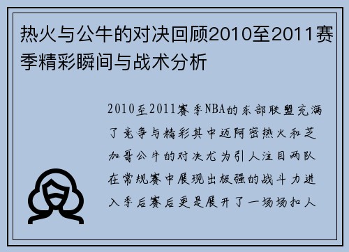 热火与公牛的对决回顾2010至2011赛季精彩瞬间与战术分析